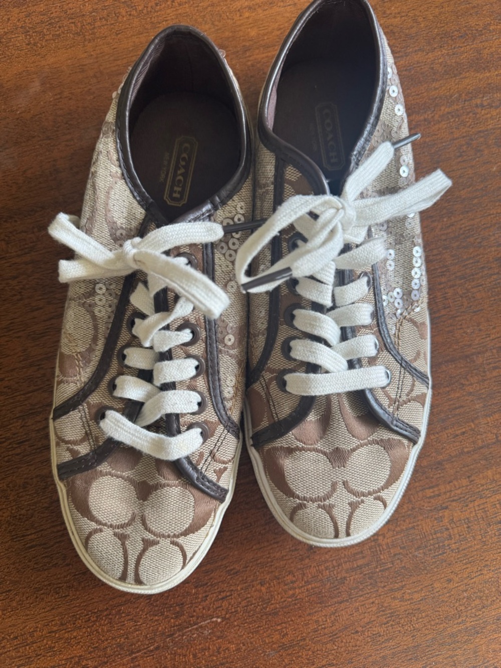 Coach Logo Canvas Low-Top Sneakers in Tan & Cream